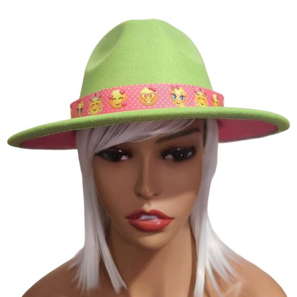 Fedora Hat Green Outside & Hot Pink Inside with Pink Emoji Headband - Picture 1 of 7